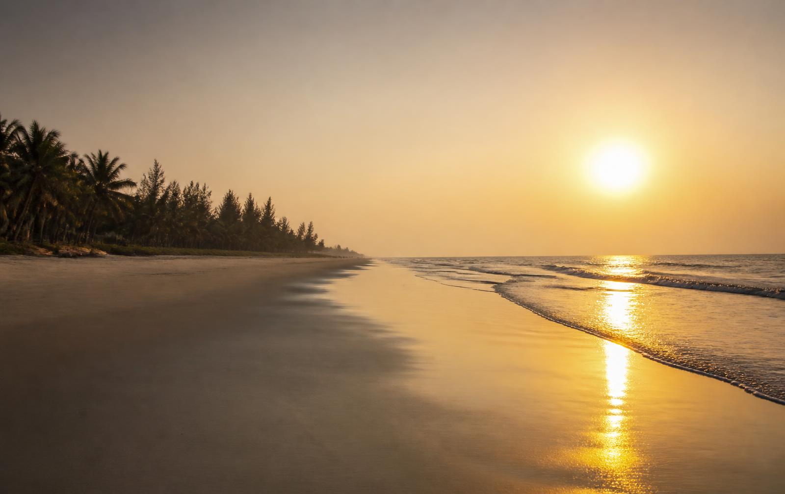 Kuakata sea beach at golden hour with calm Bay of Bengal waves and a palm tree line